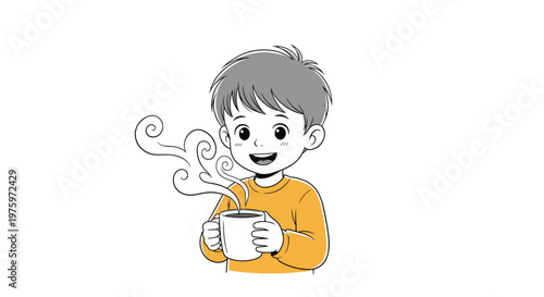 Happy young boy in an orange sweater holding a warm mug of steaming hot chocolate or tea with a big smile on his face.