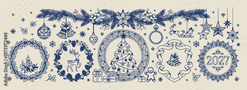 wreath frame and christmas tree, aesthetic winter holiday doodles, hand drawn xmas wreath sketches, creative holiday border line art, minimal christmas tree drawings, scrapbook holiday doodle set, fes