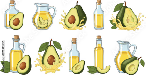 Avocado and Oil Bottle Collection with Fresh Fruit Slices and Organic Splash Elements for Healthy Food Packaging and Natural Product Designs