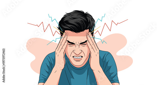 Stressed young man suffering from a severe migraine or headache while pressing his hands to his temples in pain.