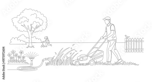 Man pushing lawn mower outdoors slowly.
