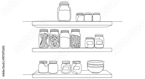 Various jars and containers neatly arranged on three kitchen shelves.
