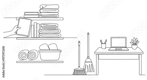 Household chores and home office setup line art illustration.