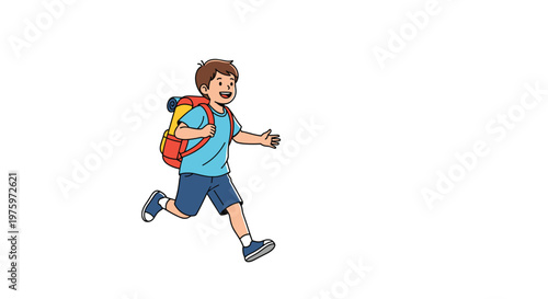 Energetic boy with a red and yellow backpack runs happily across a white background while heading to school or camp.