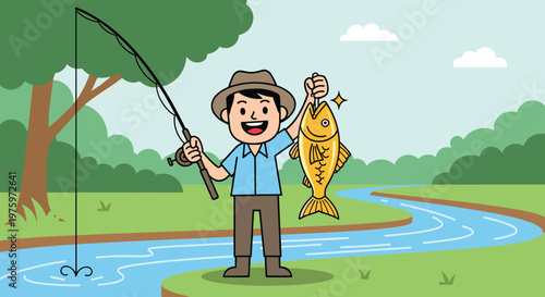 Happy fisherman stands by a winding blue river holding a large golden fish he just caught with his fishing rod.