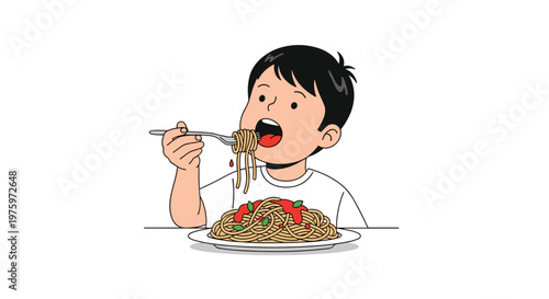 Young boy with black hair enjoys a plate of delicious spaghetti with tomato sauce and green herbs on a white plate.