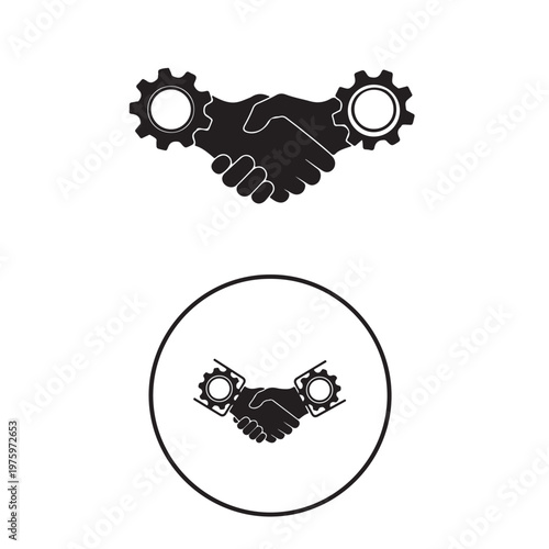 Two abstract graphic designs of a handshake symbolizing cooperation and partnership with gears
