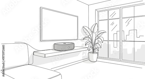 Modern living room interior with large television and potted plant.