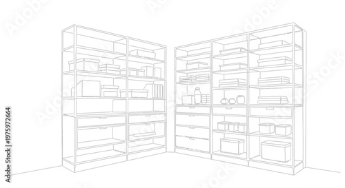 Outline drawing of two large full bookshelves in a corner.