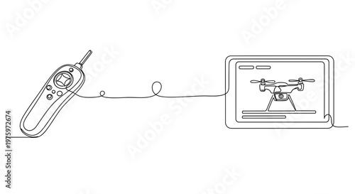Continuous line drawing of drone remote control connected to tablet for flight operation.