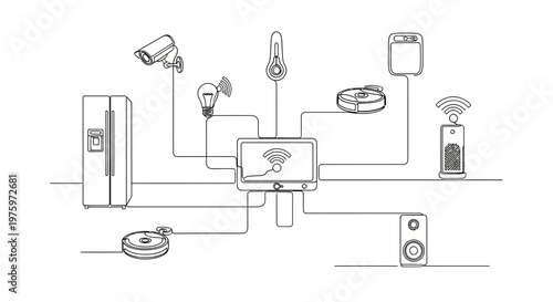 Smart home devices connected to a central hub illustrating an integrated smart home system.