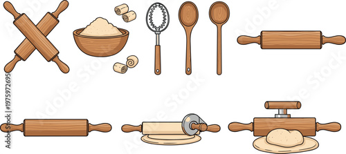 Baking Tools and Dough Preparation Collection with Rolling Pins, Wooden Spoons, Flour Bowl, and Kitchen Utensils for Cooking Design Projects