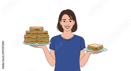 Smiling woman in a blue shirt holds a large stack of sandwiches on one hand and a single sandwich on the other.