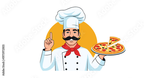 Italian chef with a large mustache wears a white hat and red scarf while presenting a delicious hot pepperoni pizza.