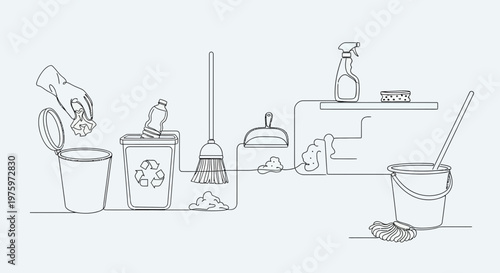 Cleaning supplies and waste disposal illustration.