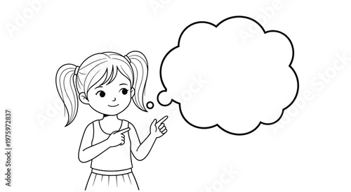 Cute young girl with blonde pigtails points towards a large empty thought bubble while thinking of a creative idea.