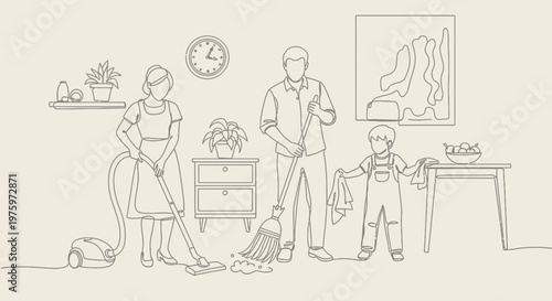 Family Cleaning House Together with Vacuum and Supplies.