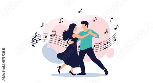 Romantic couple performs a graceful dance together surrounded by flowing musical notes and staff lines on a soft background.