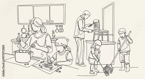 Family members engaged in household chores together.