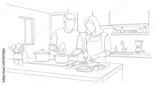 Couple cooking together in a modern kitchen scene.