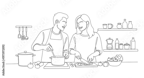 Couple cooking together in a kitchen scene.