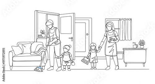 Family cleaning house together with children helping.