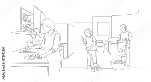 Family cleaning together in kitchen.