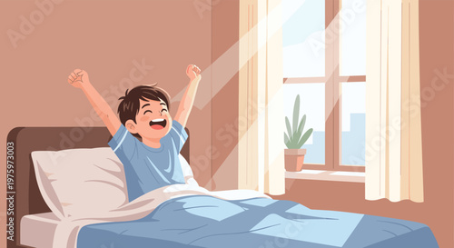 Happy boy stretches his arms and smiles as he wakes up in his bed with bright morning sunlight coming through the window.