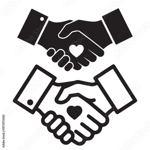 Two black and white vector illustrations of handshakes with hearts symbolizing agreement and love
