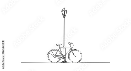 Bicycle parked under street light pole.