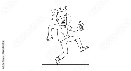 Terrified man holding a bottle runs away quickly with a panicked expression and sweat drops flying from his head.