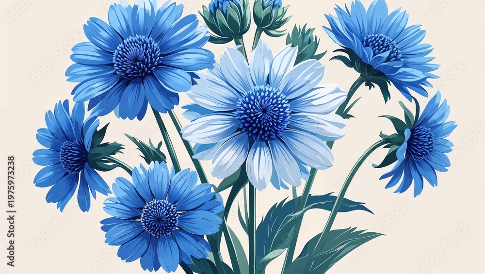 Fototapeta premium Sky blue cornflower cluster on a cream background in a clean decorative and smooth digital art style simple illustration