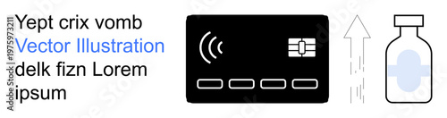 Digital healthcare, online payments, NFC technology, pharmaceutical transactions, contactless healthcare, innovation. Credit card with NFC symbol and medicine bottle icon. Digital healthcare