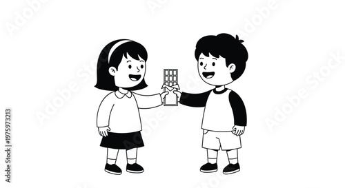 Happy young girl and boy stand together on a white background while sharing a large bar of chocolate with smiles.