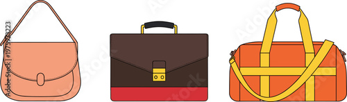 Handbag and Briefcase Collection with Stylish Shoulder Bag and Travel Duffel for Fashion, Business, and Accessory Vector Illustration Designs