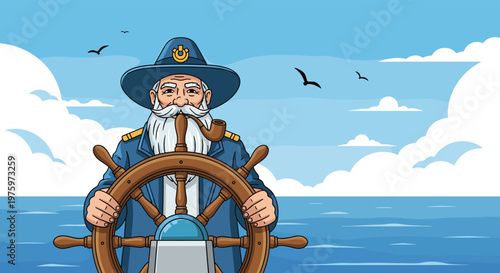 Experienced sea captain with a long white beard and a pipe steers his ship across the blue ocean under a cloudy sky.
