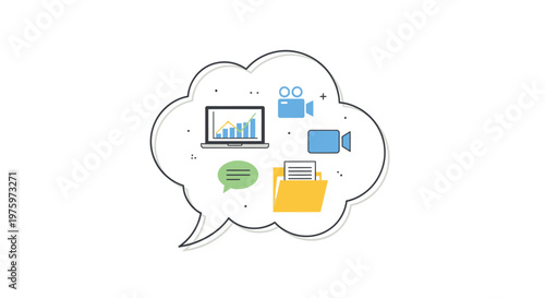 Cloud computing concept laptop video camera folder and chat icons