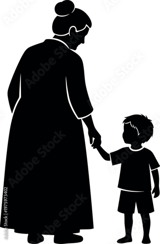 Black silhouette vector illustration of a grandmother holding hands with her grandson showing a loving family bond on white background.