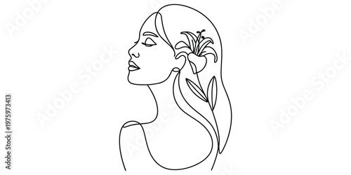 Minimalist continuous line art drawing of a woman in profile with a lily flower in her long hair