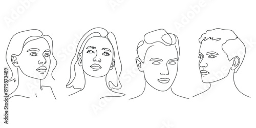Minimalist set of four distinct human head portraits drawn in a continuous single line art style