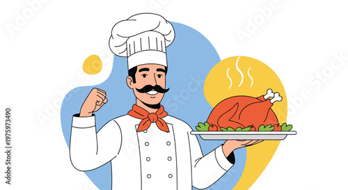 Proud chef with a mustache and a white hat displays a perfectly roasted whole turkey on a serving tray with herbs.