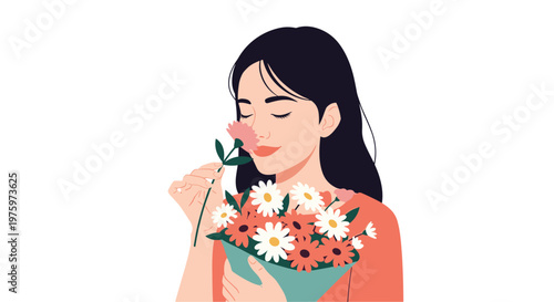 Serene young woman with long dark hair closes her eyes while enjoying the sweet scent of a bouquet of fresh flowers.