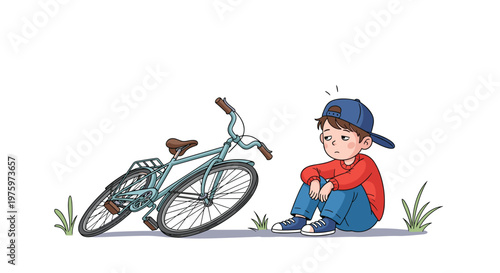 Upset young boy in a red sweater and blue cap sits on the grass next to his fallen bicycle with a sad look.