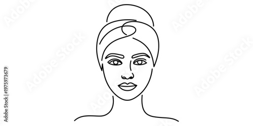 Minimalist continuous line drawing of a woman with a towel wrapped around her head for spa care