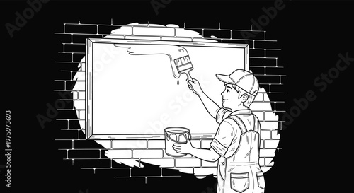 Industrious young boy in a cap and overalls uses a brush and bucket to paint a large white surface on a brick wall.