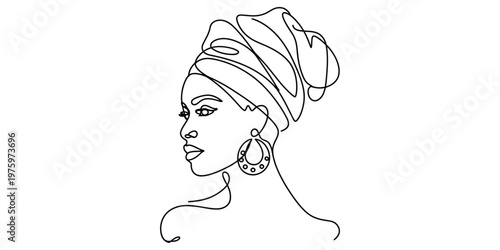Minimalist single line art drawing of an elegant woman wearing a decorative headwrap and earring