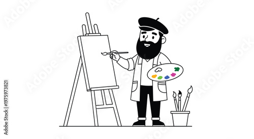 Bearded artist wearing a beret and apron standing at a wooden easel while painting on a canvas with a palette and brushes in hand.