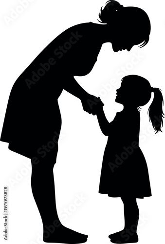 Mother and daughter silhouette holding hands and looking at each other with love isolated on white background for family concept