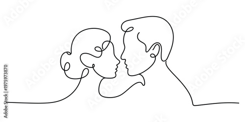 Continuous line drawing of a man and a woman facing each other in a romantic and intimate moment