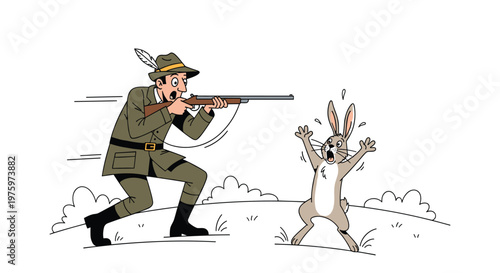 Surprised hunter in traditional gear aiming a rifle at a terrified rabbit that has its paws up in a humorous cartoon outdoor scene.